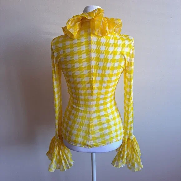 Roberto Cavalli Yellow Ruffle Sheer Silk Blouse Size 38 / XS - Picture 6 of 16